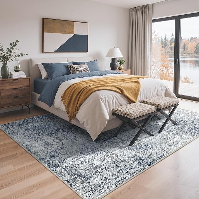 GENIMO Washable Area Rugs for Living Room, 8x10 Modern Non Slip Rugs, Low Pile Lightweight Soft Print Rug for Bedroom, Dining Room, Home Office, Washed Light Denim Blue