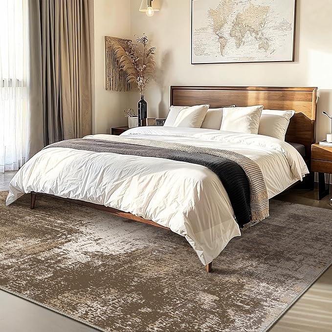 GENIMO Washable Area Rugs for Living Room, 8x10 Vintage Non Slip Rugs, Low Pile Lightweight Soft Print Rug for Bedroom, Dining Room, Home Office, Faded Brown