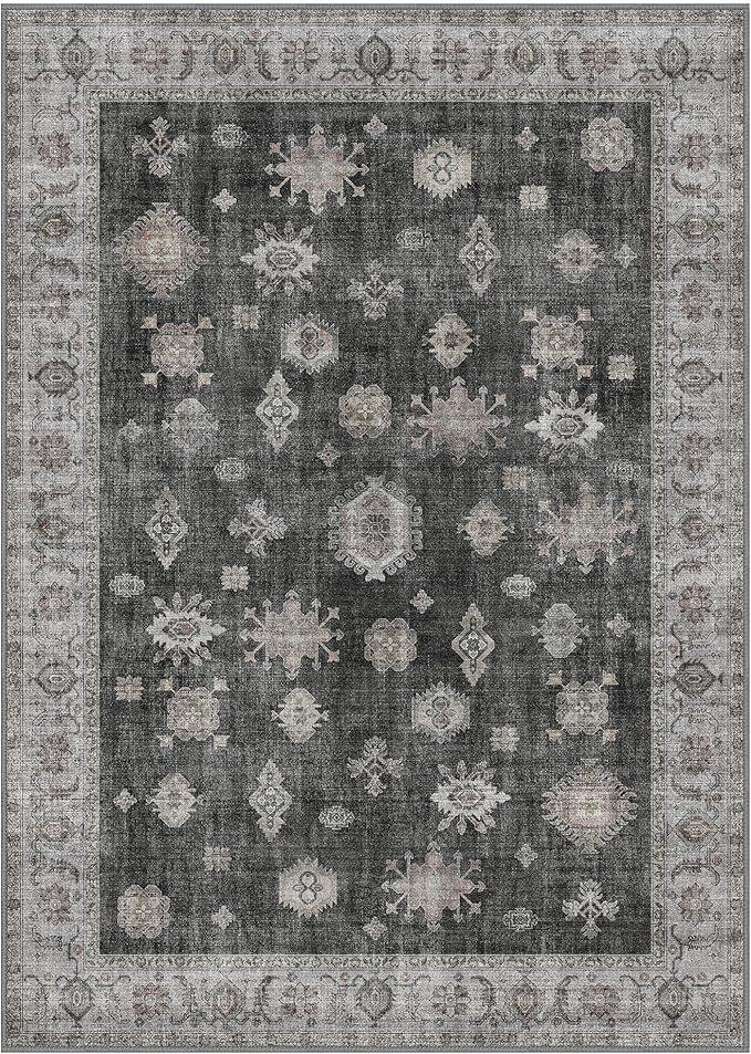 GENIMO 5x7 Area Rugs for Living Room, Machine Washable Non Slip Vintage Retro Rugs, Low Pile Lightweight Chenille Print Rug for Bedroom, Dining Room, Home Office, Charcoal