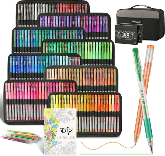 LANRENWENG 400 Pack Gel Pens for Adult Coloring Books, 200 Colored Gel Pen Include 200 Refills with 40% More Ink,Glitter Gel Pens Set for Coloring Books Drawing Journaling Scrapbook Art Supplies