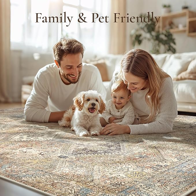 GENIMO 8x10 Area Rugs for Living Room, Machine Washable Non Slip Vintage Rugs, Low Pile Lightweight Print Rug for Bedroom, Dining Room, Home Office, Warm Brown