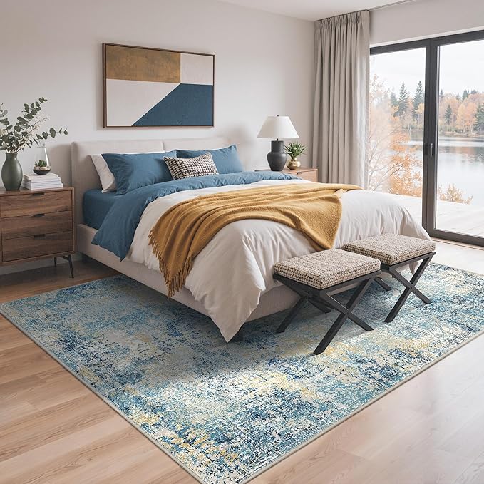 GENIMO Washable Area Rugs for Living Room, 8x10 Modern Non Slip Rugs, Low Pile Lightweight Soft Print Rug for Bedroom, Dining Room, Home Office, Washed Orange Blue