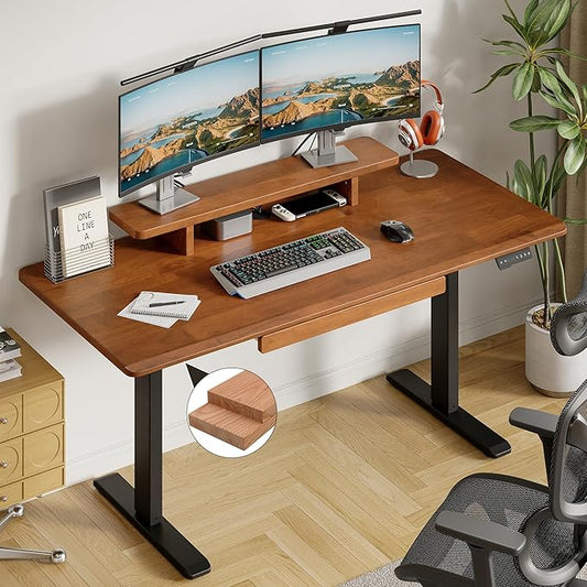 ONBRILL Standing Desk with Drawer, 55x23.6 Inches Solid Wood Desktop Stand Up Desk with Whole-Piece Board and Storage Shelf, Adjustable Height from 28-46 Inches for Home & Office, Brown
