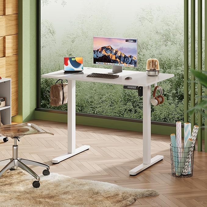 DEVAISE Whole Piece Standing Desk, 40 x 24 Inch Electric Standing Desk with Adjustable Height, 3-Preset Memory Sit Stand up Desk, One Piece Desktop Computer Desk for Home, Office (White)