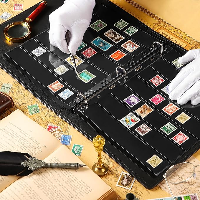 5 Sheets 10 Pages Postage Stamp Album Pages, 7 Pockets 7.7x 1.35in Stamp Collection Inserts, 9 Hole Standard Stamp Collecting Album Sleeves for Stamp Collection Binder IS010710