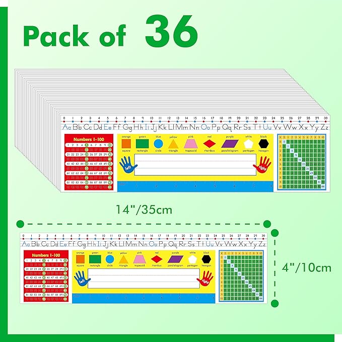 36 PCS Desk Nameplates, Double Sided PET Film Desk Name Tags with Alphabet, Numbers, Multiplication Chart, Shapes, Colors and Ruler Erasable & Reusable Traditional Manuscript Name Plate (14” x 4”)