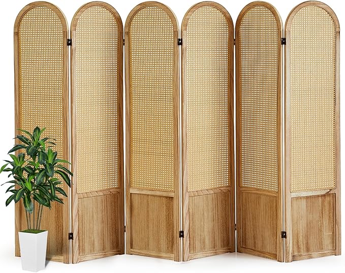 Asnefeli 6 Panels Room Divider, Folding Privacy Screen, Foldable Wood Rattan Room Divider Panel, Portable Partition Screen Wall Divider for Room Separation Bedroom Home Office Garden Terrace (Natural)