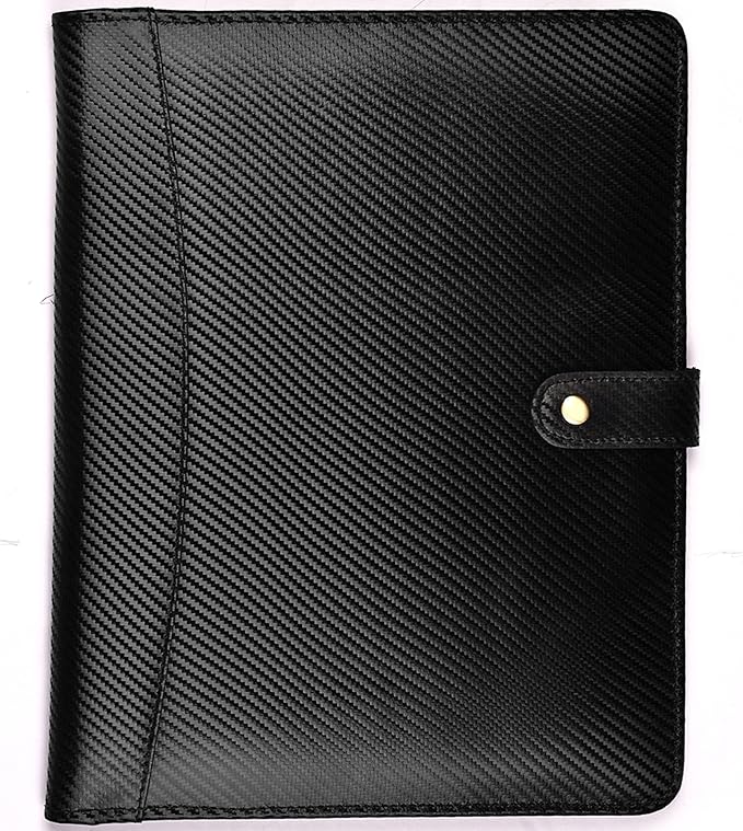 LEATHER VILLAGE Portfolio Professional Organizer– Carbon Fiber Genuine Leather Padfolio Resume Folder for A4 Letter Pad with Pen Holder, Business Card Slots – Ideal for Men & Women- Black Orange