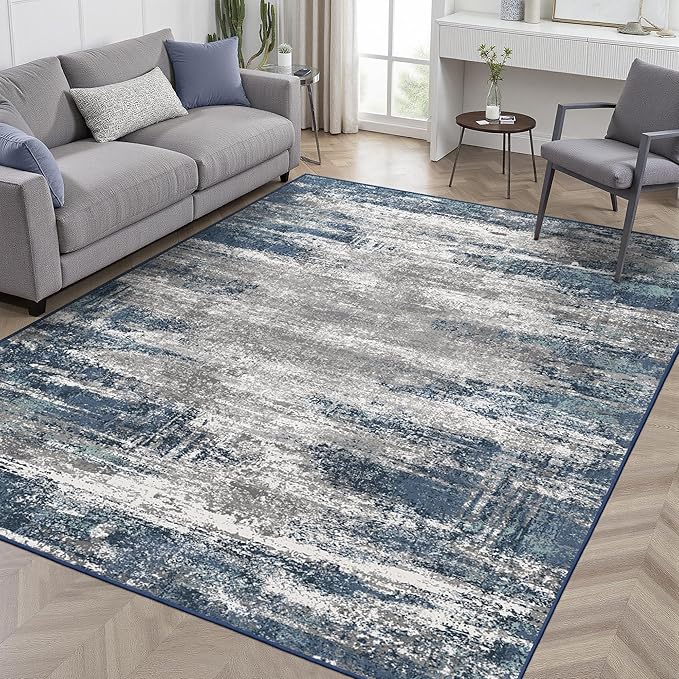 GENIMO 4x6 Area Rugs for Living Room, Non Slip Machine Washable Modern Indoor Rug, Low Pile Lightweight Blue Print Rug for Bedroom Dining Room Home Office, Blue Ivory