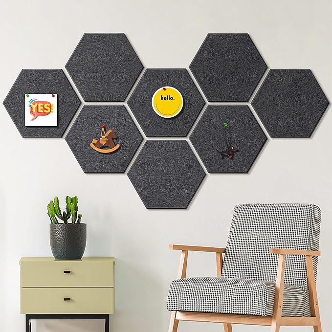 12'' Large Hexagon Cork-Bulletin Boards for Walls, Self-Adhesive Modern Corkboard, Frameless Felt Pinboard, Prayer-Vision Pin Board for Office, Pack of 8 Hex Cork Tiles with 30 Pushpins
