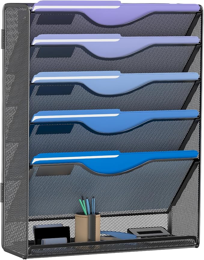 Gawerk 6 Tier Hanging File Organizer, Mesh Wall File Holder Paper Folder Rack with Bottom Flat Tray for Office Home, Black