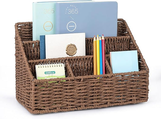DINGTAI Rattan Desk Organizer, Tabletop Mail Holder, 5 Slot Mail Organizer Countertop Basket, Rattan Office Supplies, Boho Office Desk Accessories, Wicker Desk Organizer, Magazine Holder（Brown）