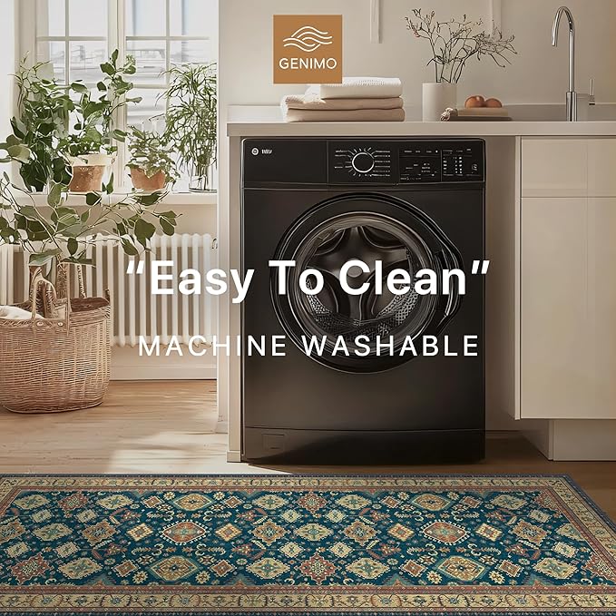 GENIMO Machine Washable 8x10 Area Rugs for Living Room, Non Slip Vintage Rugs, Low Pile Lightweight Chenille Print Rug for Bedroom, Dining Room, Home Office, Black Yellow