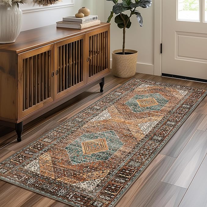GENIMO 2x5 Runner Rugs for Hallway, Machine Washable Non Slip Vintage Retro Rugs, Low Pile Lightweight Soft Print Rug for enrtyway, Corridor, Home Office, Kitchen, VVintage Brown/Blue