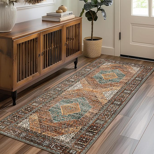 GENIMO 2x5 Runner Rugs for Hallway, Machine Washable Non Slip Vintage Retro Rugs, Low Pile Lightweight Soft Print Rug for enrtyway, Corridor, Home Office, Kitchen, VVintage Brown/Blue
