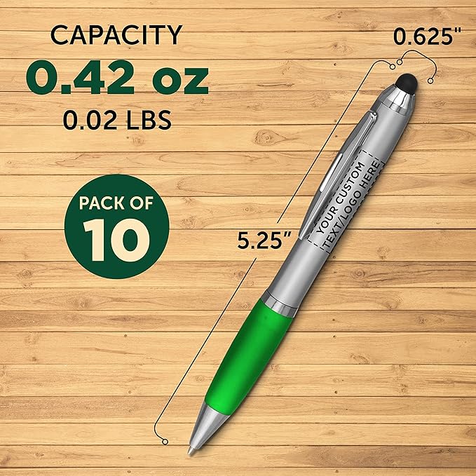 DISCOUNT PROMOS Custom Stylus Ballpoint Pens Set of 10, Personalized Bulk Pack - Black Ink, Great for Office, School, Business, Tradeshows, Events - Green