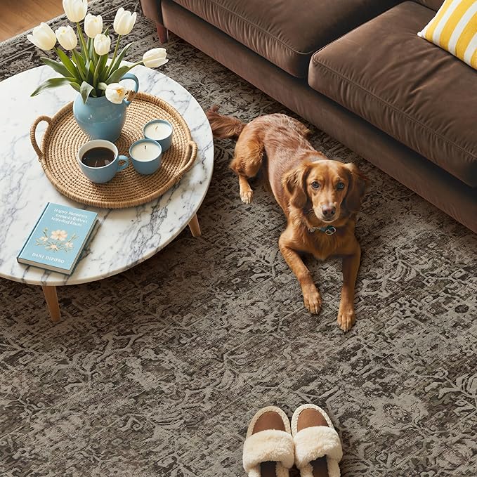 GENIMO 5x7 Area Rug Machine Washable Boho Rug for Living Room,Ultra-Thin Low Pile Carpet,Lightweight Indoor Printed Rug,Non Slip Floral Area Rug for Bedroom, Dining Room, Home Office,Brownish Green