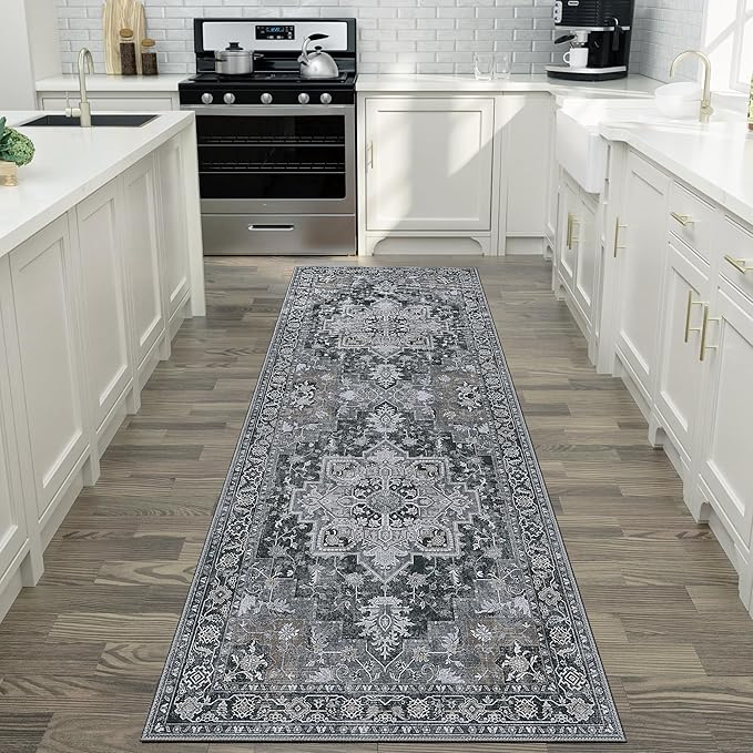 GENIMO 2x5 Runner Rugs for Hallway, Machine Washable Non Slip Vintage Rugs, Low Pile Lightweight Soft Print Rug for enrtyway, Corridor, Home Office, Kitchen,Dark Gray