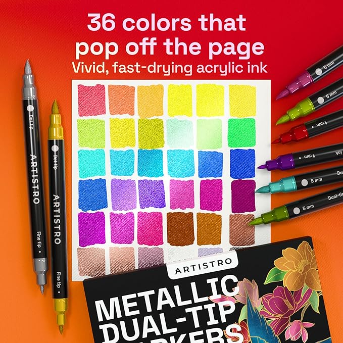 ARTISTRO 36 Metallic Acrylic Paint Markers - Paint Pens Dual Tip Brush + Fine Ideal for Calligraphy - Perfect for Fabric, Rock, Glass, Wood, DIY - Art Supplies, Stocking Stuffers, Christmas Gift Idea