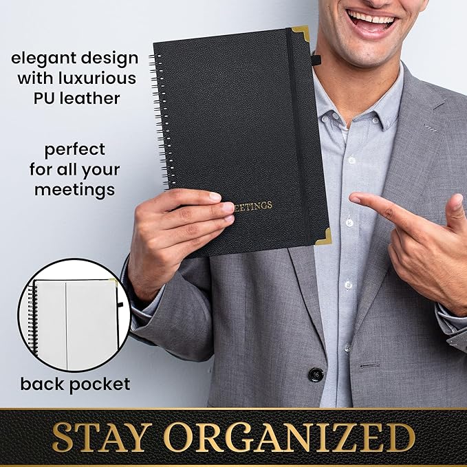 Meeting Notebook Set for Work – 3 Piece PU Leather Business Notebook with Pen & Card Holder, Professional Planner 7”x10”, Black with Gold Corners