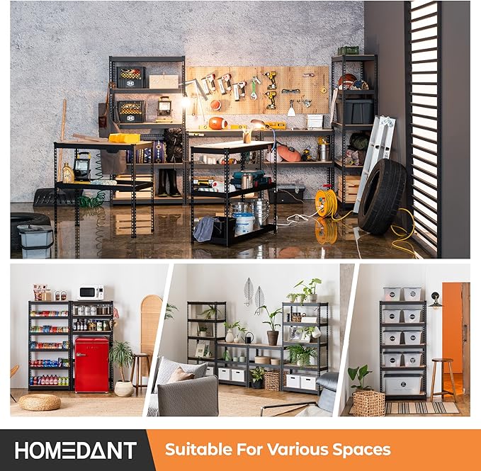 HOMEDANT 28" W 5 Tier Heavy Duty Garage Shelving Adjustable Metal Rack Storage Shelves Standing Shelf Unit Organizers Pantry Closet Black 1Pack