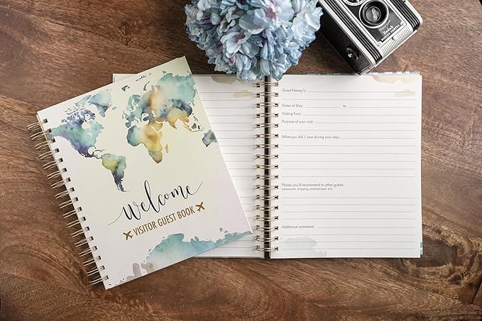 Paper 'n Such Guest Book for Rental House - Vacation Home - Short Term Rentals, Host Essentials, Spiral Hardcover Welcome Log for Airbnbs- 200 Pages (World Map)