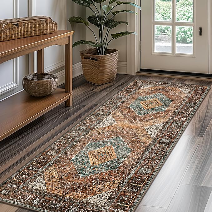 GENIMO 2x10 Runner Rugs for Hallway, Machine Washable Non Slip Vintage Rugs, Low Pile Lightweight Soft Print Rug for enrtyway, Corridor, Home Office, Kitchen, Vintage Brown/Blue