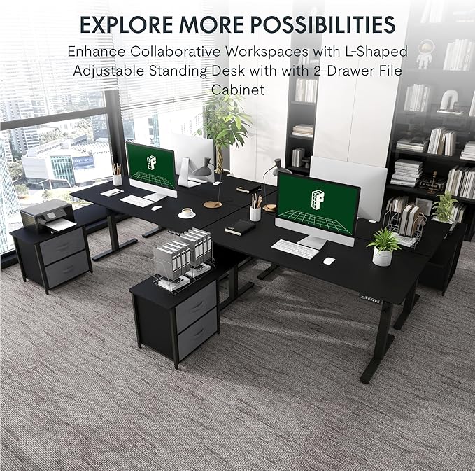 FLEXISPOT 63'' L Shaped Reversible Standing Desk with Drawers and Shelves, Large Corner Stand Up Executive Desk for Home Office, Black Top+ Black Frame