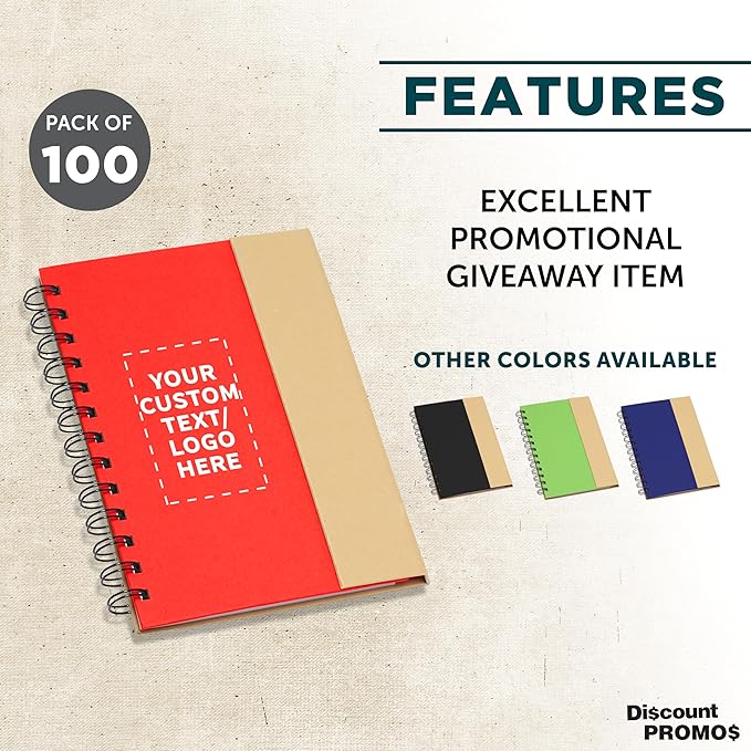 DISCOUNT PROMOS Custom Eco Friendly Spiral Notebooks with Pens Set of 100, Personalized Bulk Pack - Perfect for School, Office, Home - Red