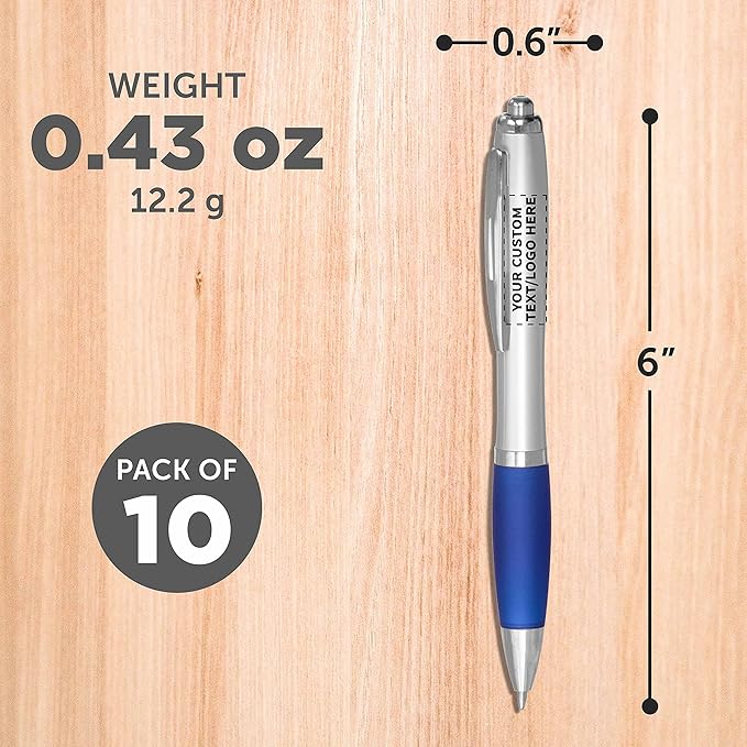 DISCOUNT PROMOS Personalized Ballpoint Pens With Rubber Grip, 10 pack Customizable Ergonomic Click-to-Write Custom Writing Pens for School with Black Ink, Blue