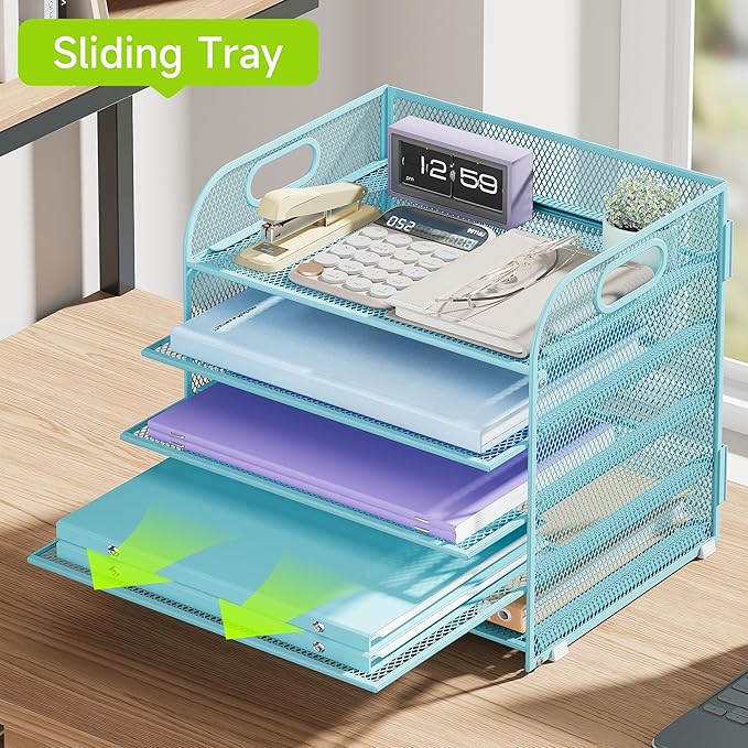 Cawukege 5 Tier Paper Organizer with Handle, Metal Mesh Desk Organizer File Folder Paper Letter Tray Desktop Document Sorter for Classroom, School, Office Accessories Organization and Storage - Blue