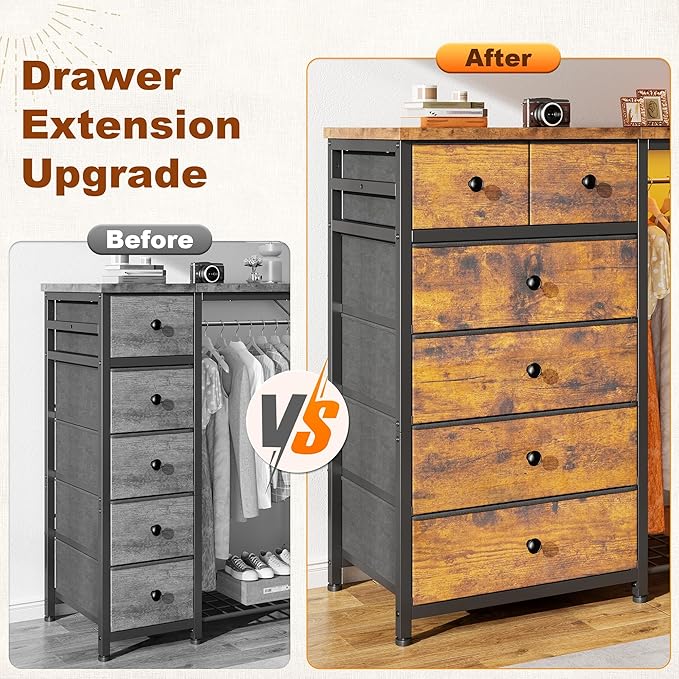EnHomee 49.2" W Dresser with Hanging Rack & 6 Fabric Drawers – Wooden Top Organize Unit Featuring LED Lights, Charging Station & Grid Panel & Hooks for Bedroom, Rustic Brown