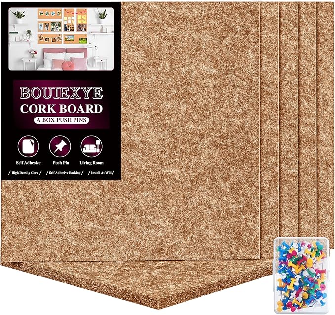 Bouiexye Felt Cork Board Tiles 6 Pack Grey Brown Boards 12"x12" - 1/2" Thick Corkboards for Wall Bulletin Board Self Adhesive with 100 Push Pins for Wall School Home Office