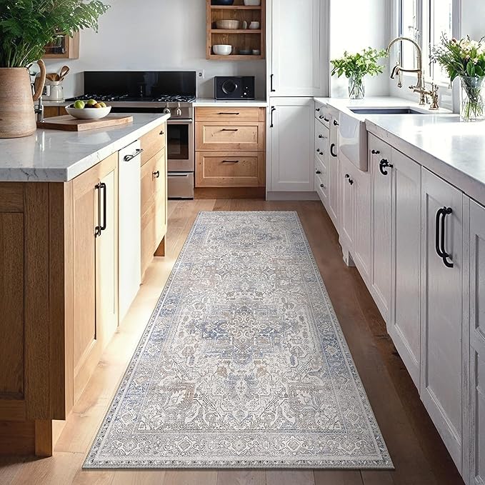 GENIMO 2'6"x8 Runner Rugs for Hallway, Machine Washable Non Slip Vintage Retro Rugs, Low Pile Lightweight Thin Print Rug for enrtyway, Corridor, Home Office, Kitchen, Khaki Blue