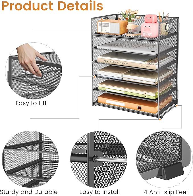 Subekyu 6-Tier Desk Paper Organizer, Desktop File Letter Tray with Handle, Document Sorter and Accessories Holder for Office, Home and School Workspace Organizers, Gray-2 Pack