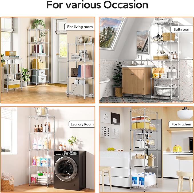 M MZG 5 Tiers Shelf Metal Storage Shelves Wire Rack Closet Organizers with Wheel for Garage Kitchen Bathroom Laundry Chrome 11.8" D x 17.7" W x 55" H