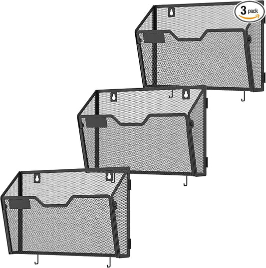 Docnest 3 Pack Hanging Wall File Holders, Mesh Wall Letter File Holder, Wall Mounted Mail Paper Document Folder Holder with Hooks for Office, Home, School, Black