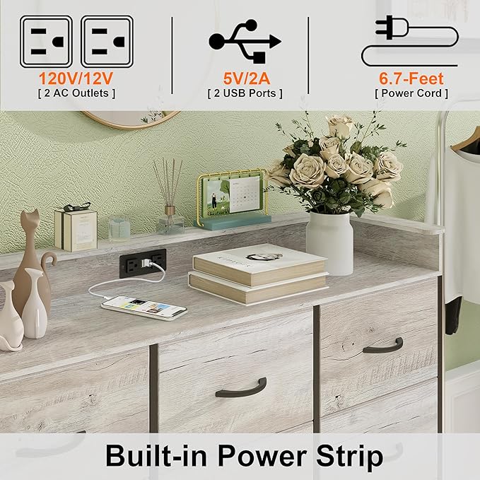 Welfuturer Dresser for Bedroom with 12 Drawers LED Dressers & Chests of Drawers Charging Station Fabric Dresser Storage Organizer Unit for Hallway Entryway Closets Sturdy Steel Frame Wood Top Gray