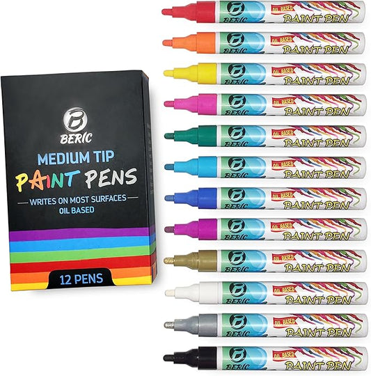 Premium Paint Pens by Beric 12 pack, Oil-based Paint Marker, Medium Point, Writes on Almost Anything, Water and Sun Resistant Vibrant Colors Low Odor Long Lasting Fast Drying Assorted Colors