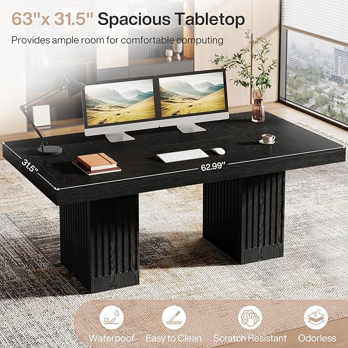 Tribesigns 63 Inch Executive Desk, Modern Office Computer Desk with Heavy Duty Double Pedestal, Large Study Writing Table Business Furniture for Home Office, Black