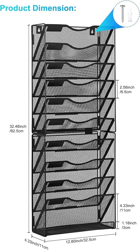 Solinxe 10-Tier Wall File Organizer, Mesh Mail Organizer Wall Mounted Paper Document Holder, Vertical Magazine Rack, Metal Hanging Clipboard Storage Basket for Office Home School Organization, Black
