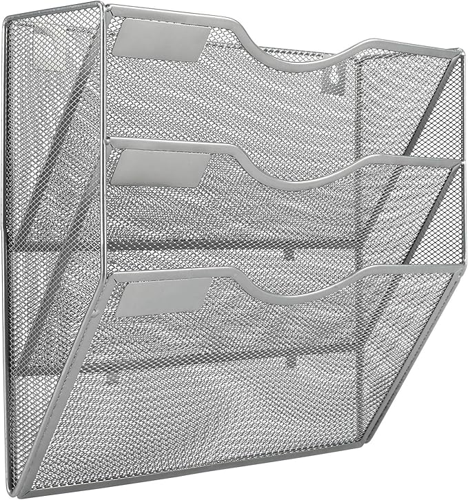 EasyPAG Hanging Wall File Organizer, 3 Pocket Wall Mounted Mail Organizer, Vertical Document Folder Holder with Nametag Label, Space Saving Paper Storage Magazine Rack for Office Home School, Silver