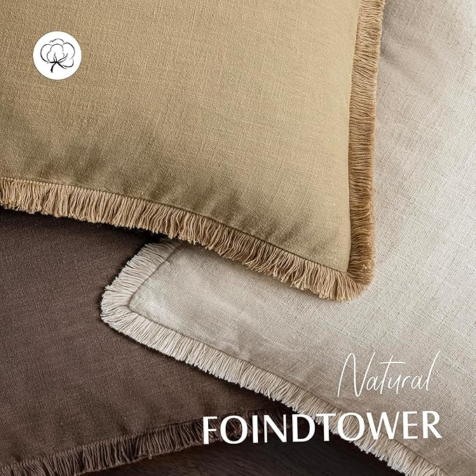 Foindtower Set of 2 Decorative Linen Fringe Lumbar Throw Pillow Covers Farmhouse Cushion Cover with Tassels Accent Pillowcase for Couch Sofa Bed Living Room Home Decor,12×20 Inch,Light Khaki Taupe