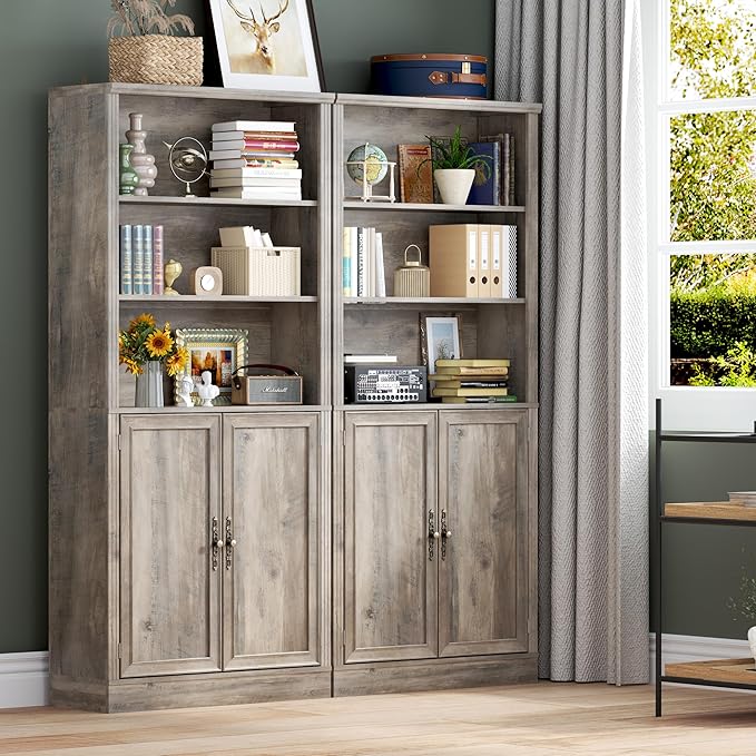 BORNOON 71.4" Tall Bookshelf with Cabinet, 5-Tier Floor Standing Bookcase with Doors & Adjustable Shelves, 31.5" Wide Storage Shelf, Metal Handles, Modern Organizer for Home Office, Living Room