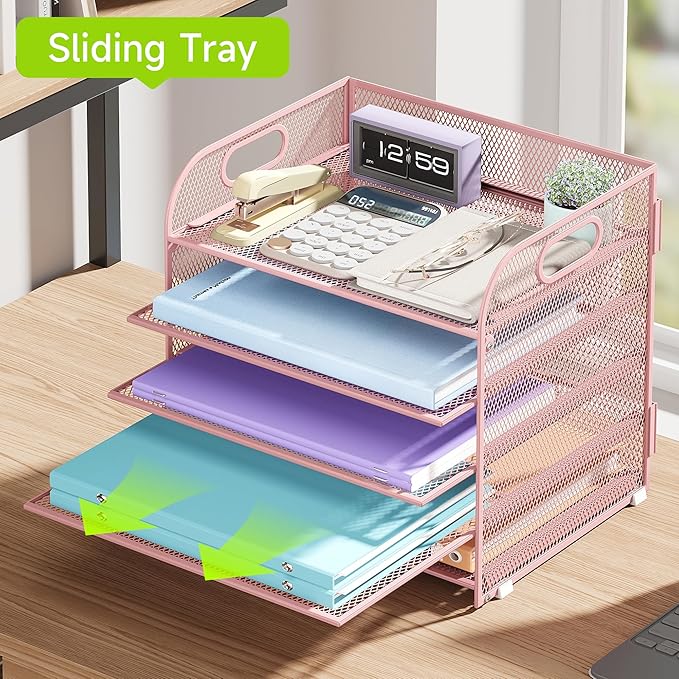 Cawukege 5 Tier Paper Organizer with Handle, Metal Mesh Desk Organizer File Folder Paper Letter Tray Desktop Document Sorter for Classroom, School, Office Accessories Organization and Storage - Pink