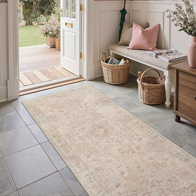 GENIMO Runner Rug 2'6"x6 Machine Washable Non Slip Vintage Hallway Runner Rug, Low Pile Lightweight Rugs for Indoor Entryway, Hallway, Kitchen and Corridor, Light Pink