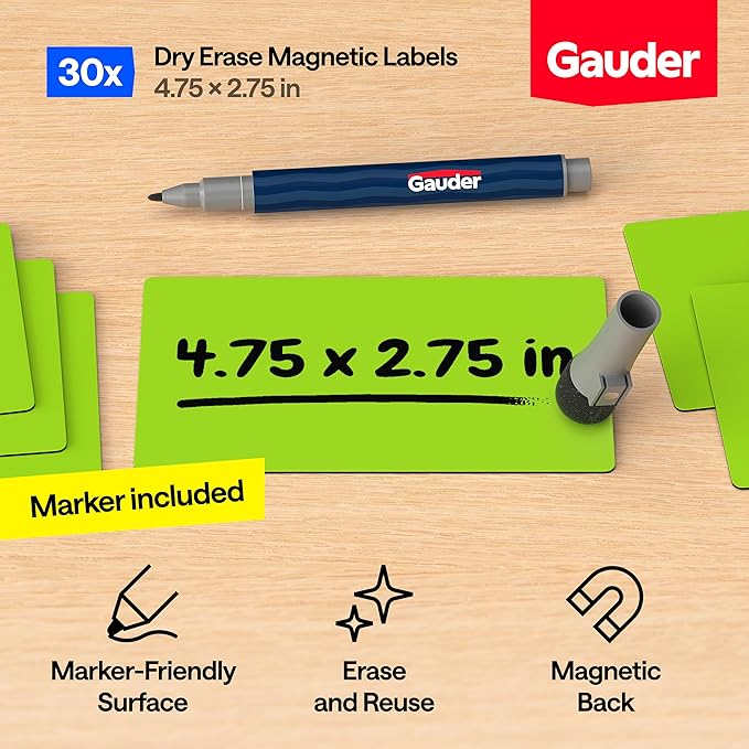GAUDER Magnetic Dry Erase Labels | 30x Magnetic Labels (4,75 Inches x 2,75 Inches) | 30x Dry Erase Magnets for Classroom, Whiteboard and Blackboard