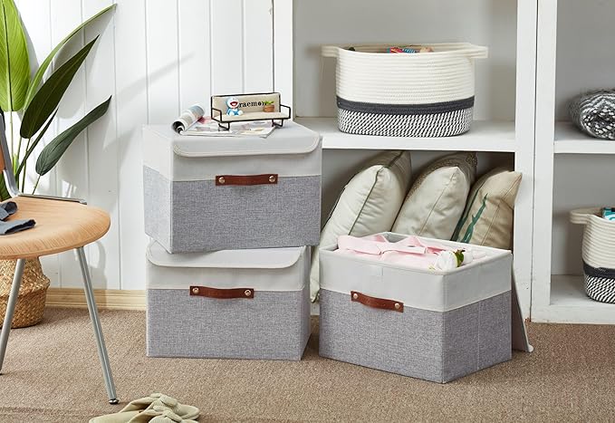 DECOMOMO Fabric Storage Bins with Lid, Storage Baskets for Shelves (Grey and White, 3 Pack)