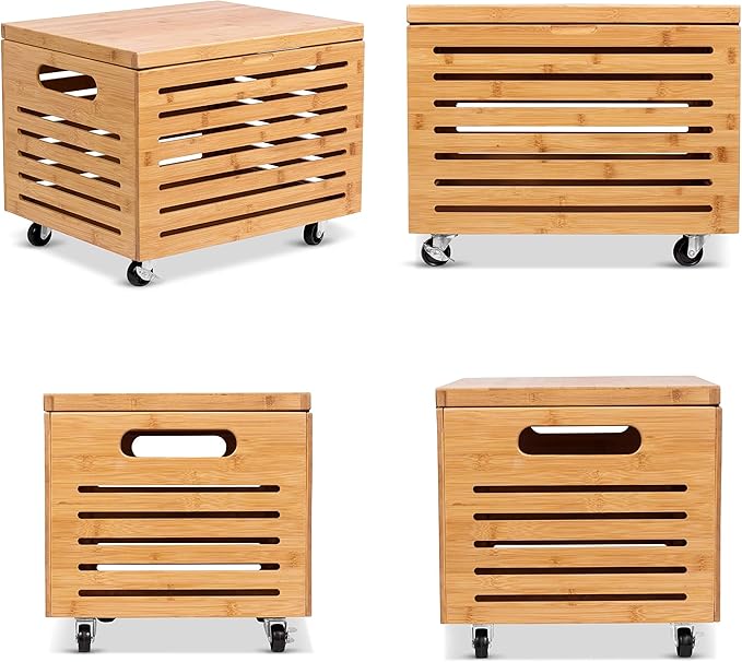 BIRDROCK HOME Rolling File Storage Organizer Box with Lid (New Version) - Bamboo Decorative Wood Hanging File Box for Letter/Legal Documents, Binders, Blankets - Durable Office Organizer - Natural