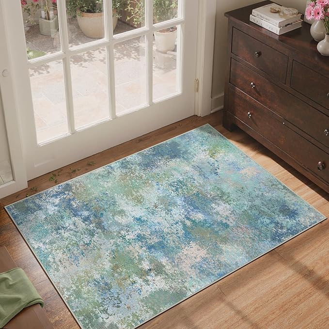 GENIMO 2x3 Rugs for Entryway Entrance, Modern Lightweight Rug Ultra Soft Indoor Area Rugs 2x3 for Bedroom Kitchen Bathroom, Low Pile Carpet with Non Slip Backing, Blue Green